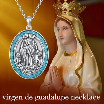 YAFEINI Virgen De Guadalupe Necklace 925 Sterling Silver Mother Mary Necklace Virgencita Jewelry Thanksgiving Day Gifts for Women - style: Turquoise2
