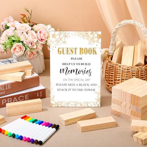 Beeveer 80 Pcs Wedding Guest Book Alternative Wooden Block Guest Book for Wedding Sign in Bridal Shower Decoration 54 Pcs Wooden Block Bridal Shower Game for Sign in, Reception(Leaves) - style: Leaves