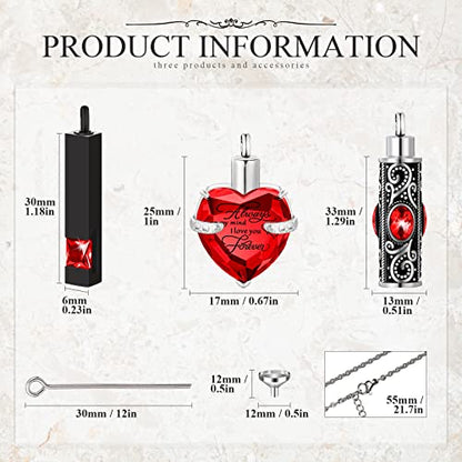 MTLEE 3 Pieces Cremation Urn Necklace for Ashes Vertical Bar Zircon, Heart Crystal Necklace Urn Stainless Steel Waterproof Memorial Pendant - color: Red Zircon