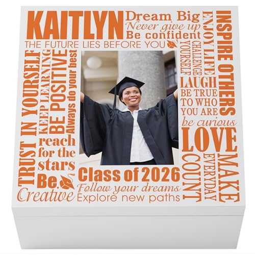 Let's Make Memories Personalized Keepsake Box - For Graduation - Photo - Class of 2026 or Any Year - Graduate Memento Box - Customized for Any Grad and School - 6" Hx12 Sq - Dream Big Photo - Orange - color: Orange - Dream Big Photo