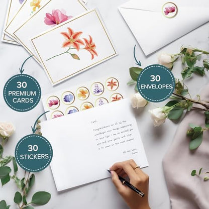 Blank Cards, 30 Blank Greet Cards, Gold Foil Blank Note with Envelopes | Perfect Stationary Set For All Occasions, 5 Assorted Floral Designs