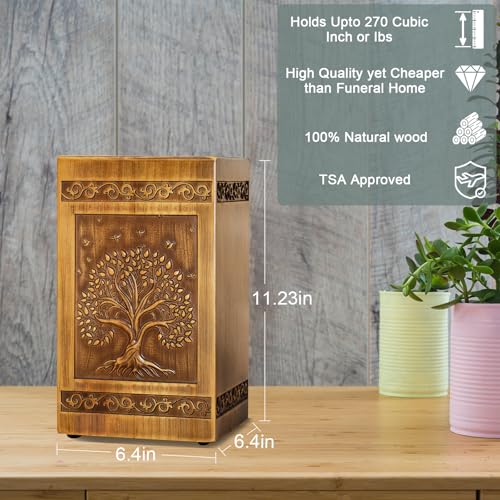 Wood Urn for Ashes for Women Tree of Life Carving Cremation Urns for Human Ashes Adult Male Female - Large 270 Cubic Inch, Funeral Memorial Decorative Urn Box with Satin Bag