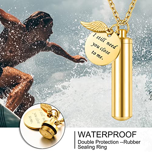 abooxiu Cylinder Urn Necklace for Ashes Cremation Jewelry/Keychain for human Pet Stainless Steel Memorial Keepsake Pendant with Angel Wing Charm Ashes - color: Gold-L