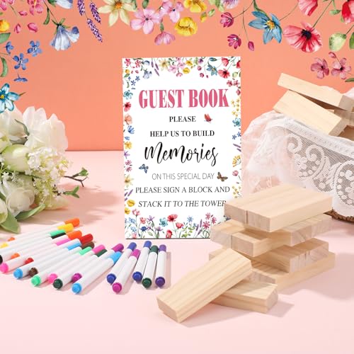 Beeveer 80 Pcs Wedding Guest Book Alternative Wooden Block Guest Book for Wedding Sign in Bridal Shower Decoration 54 Pcs Wooden Block Bridal Shower Game for Sign in, Reception(Wildflower) - style: Wildflower
