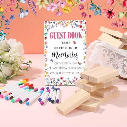 Beeveer 80 Pcs Wedding Guest Book Alternative Wooden Block Guest Book for Wedding Sign in Bridal Shower Decoration 54 Pcs Wooden Block Bridal Shower Game for Sign in, Reception(Wildflower) - style: Wildflower