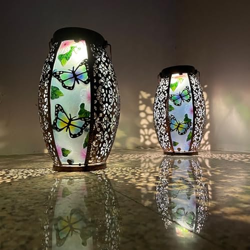 Hanging Solar Lantern Waterproof Garden Light Butterfly-New | Glass & Metal, Tabletop Light with Hollowed-Out Design for Garden Patio Table Decor, Gifts for Friends and Family - style: Butterfly-New