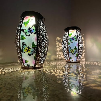 Hanging Solar Lantern Waterproof Garden Light Butterfly-New | Glass & Metal, Tabletop Light with Hollowed-Out Design for Garden Patio Table Decor, Gifts for Friends and Family - style: Butterfly-New