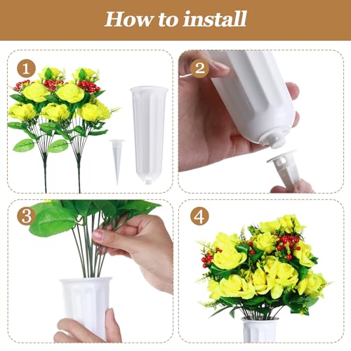 Tigeen 4 Sets Artificial Cemetery Flowers with Vase for Grave,White, Yellow - color: White, Yellow