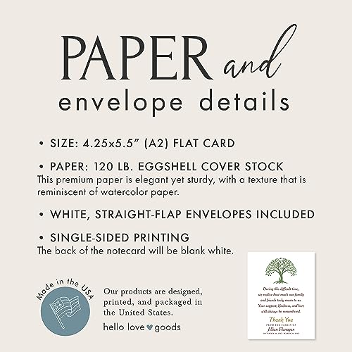 Green Tree Funeral Bereavement Thank You Cards | Memorial Sympathy Thank You Notes, 4.25x5.5", Personalized Note Cards, With Envelopes