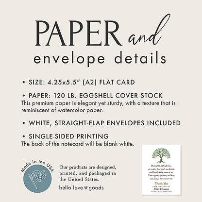 Green Tree Funeral Bereavement Thank You Cards | Memorial Sympathy Thank You Notes, 4.25x5.5", Personalized Note Cards, With Envelopes
