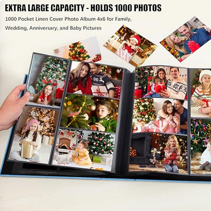 Aevdor Large Capacity 4x6 Photo Album, 1000 Photos, Linen Cover, Blue | Black Inner Pages, 3 Horizontal and 2 Vertical Pockets per Side, Front Photo Window, Family, Wedding & Travel Memories - color: Linen Blue