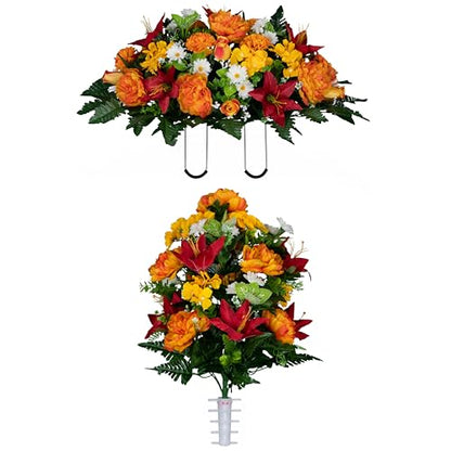 Sympathy Silks Artificial Flowers for Cemeteries - Gravesite Bouquet - Red Lily and Sunrise Peony - (1) Saddle (1) Bouquet - color: Red/Sunrise, size: (1) Headstone Saddle (1) Bouquet