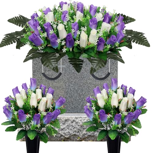 3 Pcs Artificial Cemetery Flower,Grave Flowers for Cemetery,Headstone Flower Saddle,Memorial Grave Flowers for Tombstone Decoration (Purple White) - color: Purple White