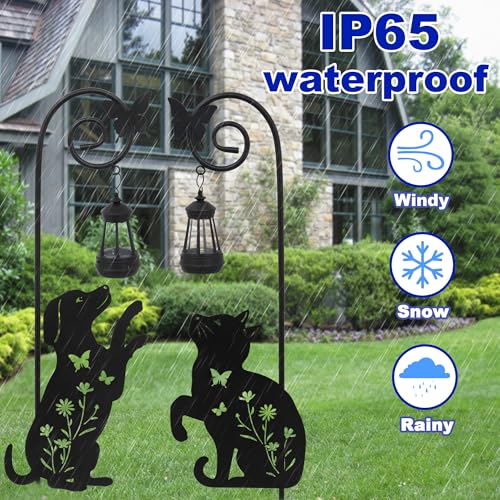 2 Pack Solar Cat Dog Lantern Garden Stakes 28.7in Metal Night Light - color: Black Cat and Dog