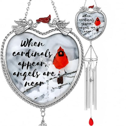 Cardinal Memorial Wind Chimes, 18 Inch Bereavement Sympathy Gift, When Cardinals Appear Angels are Near Remembrance Message, Red Cardinal Hanging Chime for Loss of Loved One, Memorial Garden Decor