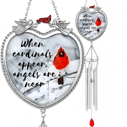 Cardinal Memorial Wind Chimes, 18 Inch Bereavement Sympathy Gift, When Cardinals Appear Angels are Near Remembrance Message, Red Cardinal Hanging Chime for Loss of Loved One, Memorial Garden Decor