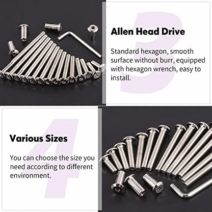 Swpeet 120Pcs M6x35mm/45mm/55mm/65mm/75mm Nickel Plated Sliver Hex Drive Socket Cap Bolts Barrel Nuts Kit with 1Pcs Allen Wrench, Screw Post Fit for Furniture Countsunk Belt Leather Binding Bolts - size: 35mm-75mm Assortment Kit