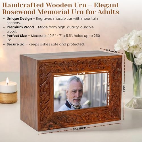 Rosewood Border Engraved Wooden Cremation Urns for Human Ashes Adult - Handcrafted Photo Funeral Memorial Ashes Urn - Columbarium Urn (250 Cubic Inches, Natural) - color: Natural