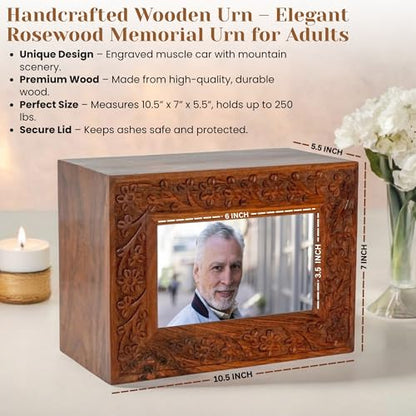 Rosewood Border Engraved Wooden Cremation Urns for Human Ashes Adult - Handcrafted Photo Funeral Memorial Ashes Urn - Columbarium Urn (250 Cubic Inches, Natural) - color: Natural