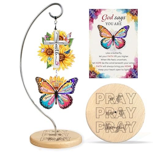 Christian Faith Butterfly Gifts for Women - Sunflower Religious Desk Decor | Faith Based Birthday Christmas Gift for Mom, Friend, Daughter, Sister, Inspirational Home Office Desk Accessories - color: 01 - Cross Faith Sunflower Butterfly God Says
