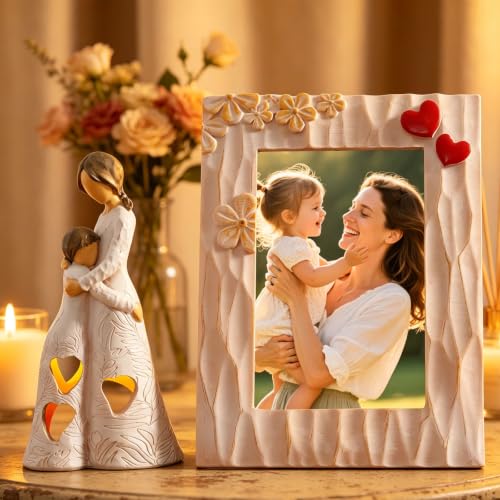 Best Mother Gifts from Daughter Unique Candle Holder Statue | with Flickering LED Light Sentimental Gifts for Mom Resin Mother Daughter Tealight Candle Holders Figurine (Frame for Free) - color: Gifts for Mom Set