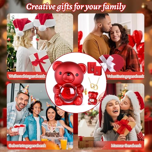 La Vie en Rose Music Box, Red Teddy Bear with Preserved Rose