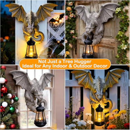 Solar Dragon Tree Hugger Garden Statue, Wall Hanger Dragon Figurine Decor | 9.8in Resin Dragon Decor with Solar Lights, Outdoor Waterproof for Tree Wall Fence Porch Yard, Gifts for Mom Women Birthday - style: 1 Pack - Dragon with Lantern
