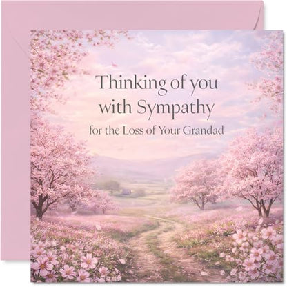 Stuff4 Comforting Sympathy Card, Loss of Grandad | Gentle Words of Comfort, Serene Cherry Blossom Scene in Soft Pink and Green, 5.7 Inch Square, Envelope Included - color: Grandad