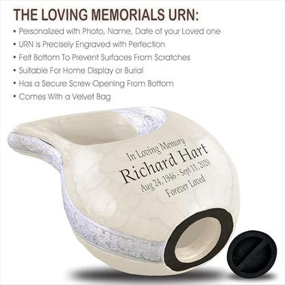 Personalized Photo & Text White Teardrop Cremation Urns for Adult Ashes Male Female - 156 Lbs Burial Urns for Human Ashes - Handcrafted Funeral Decorative Urn for Adult with Velvet Bag - size: 156 Lbs Adult Urn