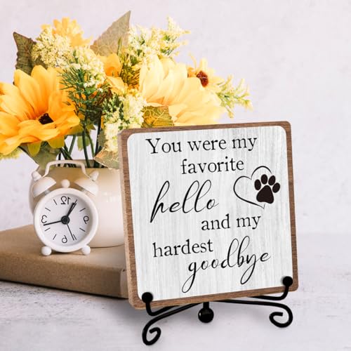 Pet Sympathy Gift for Women, Desk Shelf Decor for Loss of Loved One, 5×5 | Remembrance of Dog Cat, Condolence Gifts for Friend, Pet Memorial Bereavement Healing Keepsake for Dog Loss, Wooden Sign - style: Hello goodbye