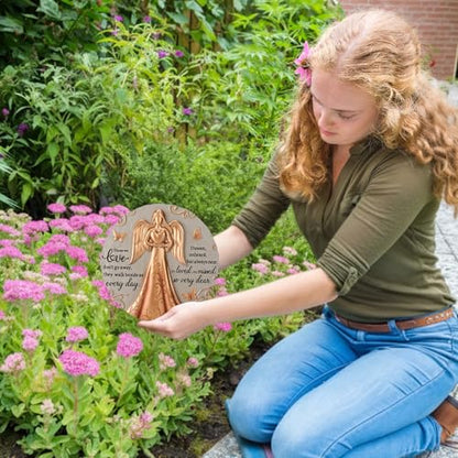 Bronze Angel Memorial Garden Stone with Plaque Stand and Sympathy Card, Mothers Day Outdoor Heartwarming Memorial Garden Stepping Stone, Sympathy Gift for Loss of Loved One, Pet & Family