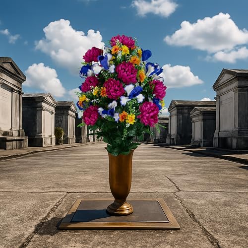 Sympathy Silks Artificial Cemetery Flowers - Gravesite Flowers - Fuchsia Mums with Blue Iris - (1) Bouquet - size: Bouquet