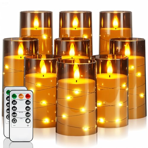 Homemory 9 Pcs Flameless Candles with Embedded Star String Fairy Lights, Battery Operated Candles, LED Fake Candles with Remote Control and Timer, Gray Acrylic - color: Gray, size: D3"x H5"5"5"6"6"6"8"8"8"