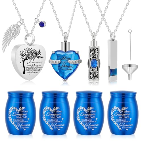 Small Urns & Necklaces for Human Ashes Set of 8, Memorial Keepsake Blue