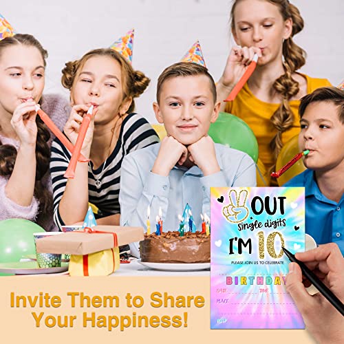 YSTEP Tie Dye 10th Birthday Party Invitations, 20 Invite Cards with Envelopes, 4"x6" Peace out Single Digits Birthday Party Invites - A13 - style: style 2