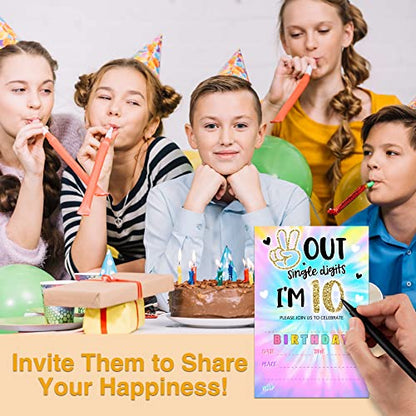 YSTEP Tie Dye 10th Birthday Party Invitations, 20 Invite Cards with Envelopes, 4"x6" Peace out Single Digits Birthday Party Invites - A13 - style: style 2
