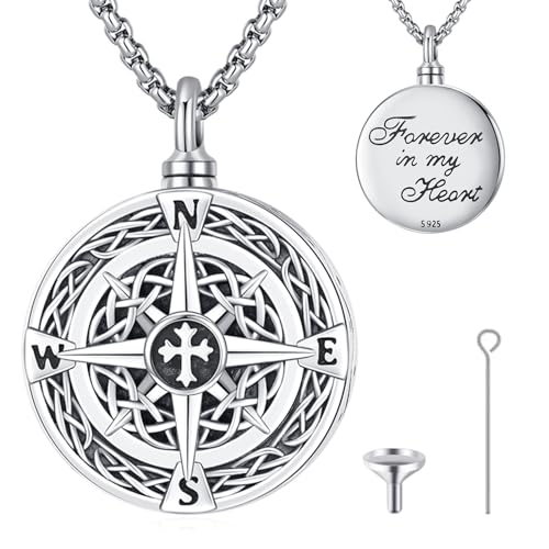 Urn Necklace for Ashes for Women/Men 925 Sterling Silver Cremation Jewelry w/Funnel Filler Memorial Jewelry Gifts - color: D-Compass 2, style: Non - Customized