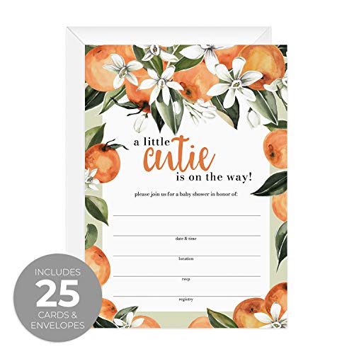 Canopy Street Little Cutie Baby Shower Invites / 25 Baby Shower Invitation Cards With White Envelopes / 5" x 7" Citrus Clementine Fruit New Baby Party Invitations/Fill In Gender Neutral Invite Cards - color: Little Cutie