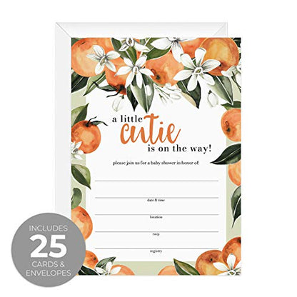 Canopy Street Little Cutie Baby Shower Invites / 25 Baby Shower Invitation Cards With White Envelopes / 5" x 7" Citrus Clementine Fruit New Baby Party Invitations/Fill In Gender Neutral Invite Cards - color: Little Cutie