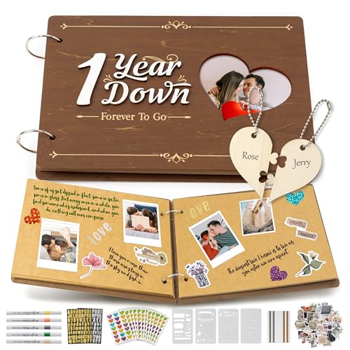 CY2SIDE Couple 1 Year Anniversary Scrapbook - 111PCS 1st Down Photo Wooden Album Scrapbook Craft Kit with Heart Puzzle Brown Paper Sticker Marker Template for DIY Anniversary Dating Gifts for Him Her - style: 1 Year Couple