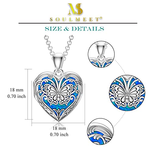 SOULMEET Personalized Silver Locket Necklace That Holds Pictures Photo Keep Someone Near to You, Memorial Custom Lockets Necklaces Letters Engraving for His Her - color: F3-Opal butterfly-Black, style: Locket+Custom Photo+Engraved