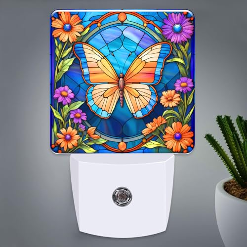 Butterfly & Flowers Stained Glass Night Lights Plug into Wall for Room, Butterfly & Flowers Night Light LED for Bedroom - color: Butterfly & Flowers