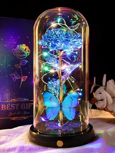Birthday Gifts for Women Mom USB Galaxy Flower Blue Rose in Glass Dome - color: Usb-blue