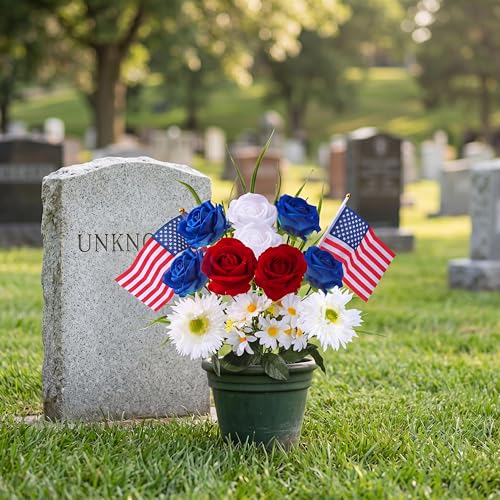 Sggvecsy 2 Pcs Patriotic Artificial Flowers Memorial Bouquet Fake Red Blue Cemetery Flowers with American Flags Roses Daisy for Grave 4th of July Memorial Day Independence Day Veterans Decoration