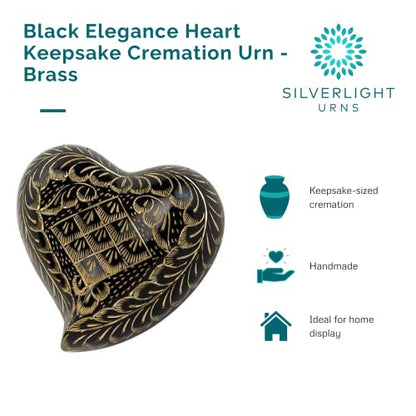 Black Elegance Heart Keepsake Cremation Urn for Ashes, Brass, Black Urn, Keepsake Sized Cremation Urn, 3.5 Inches Wide - color: Black Elegance