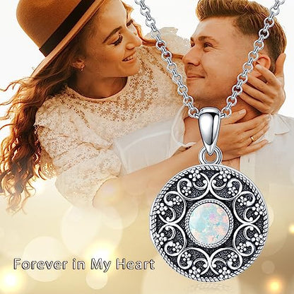 Round Locket Necklace 925 Sterling Silver Filigree/Flower Locket Necklace That Holds Pictures Birthday Christmas Jewelry Gifts for Women - color: 04-White Opal Locket