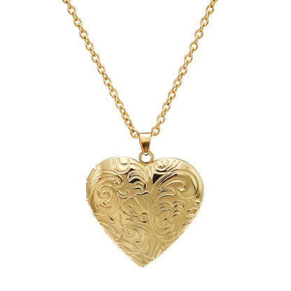 Locket Picture Pendant Heart Necklace,Retro Carved Flower Relief Pattern Oval Center Necklace Souvenir Memorial Clavicle Jewelry for Women - color: gold heart