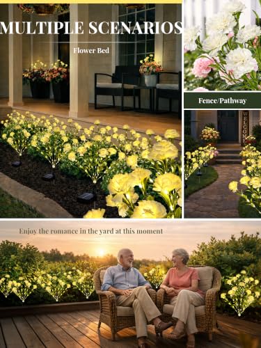 GIGALUMI 4 Pack Solar 28 Carnations Flowers Outdoor, 2 Modes, White - color: White, size: 4 PACK