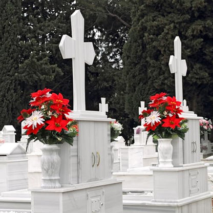 Suncalla 2 Set 26 inch Christmas Cemetery Flowers for Grave 18 Stems Artificial Red Faux Velvet Poinsettias Bouquets for Christmas Home Decorations, Holiday Bush, Indoor Floral, Cemetery Flowers - style: Poinsettia
