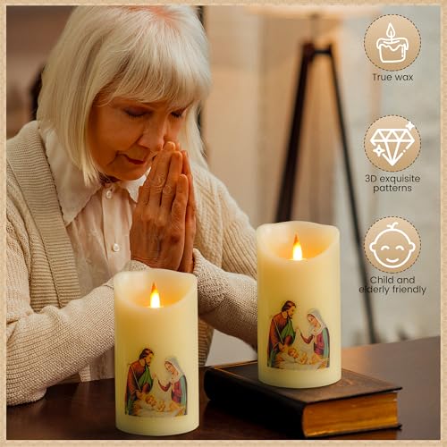 QQFCTOO LED Prayer Flameless Candle with Remote Timer, Battery Powered Candle, Religious Candle, Real Wax, for Home Altar, Church, Devotional ，6" x 3.2"(Holy Family Statue) - style: Holy Family Statue